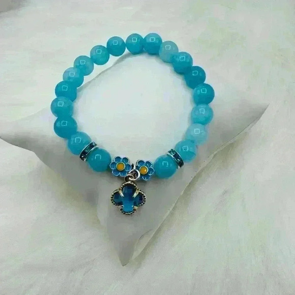 Sky Blue Beaded Bracelet with Flower Charms - Picture 1 of 6